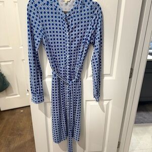 Boden Blue Long Sleeve Dress with Geometric Design
